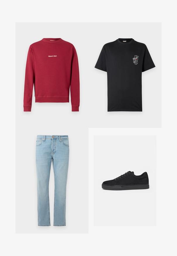Bordeaux sweatshirt lavet af en bomuldsblanding med rund hals, ribbede manschetter og nederste kant. Har hvidt broderet tekst "Original Studio" på forsiden.; Sort t-shirt med korte ærmer og lille abstrakt hvidt ansigtsdesign med røde og grønne accenter på venstre brystområde.; Lyseblå denim jeans med lige pasform, fem lommer og knaplukning i taljen, vist fladt på en hvid baggrund.; Sort lavtop sneaker med snørelukning foran og flad gummisål, vist fra siden på en hvid baggrund.