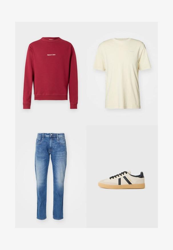 Sudadera burdeos de mezcla de algodón con cuello redondo, puños y bajo acanalados. Cuenta con texto bordado en blanco "Original Studio" en la parte delantera.; Camiseta de manga corta color crema, hecha de algodón suave, con un escote redondo y un pequeño logo impreso en un color claro en el pecho.; Jeans de mezclilla azul claro con corte recto, diseño de cinco bolsillos, un ligero desgastado y una cinturilla estándar con cierre de botón.; Zapatillas casuales en crema con rayas negras, con parte superior texturizada y suela de goma. Los cordones son negros. Logo sutil en el costado.