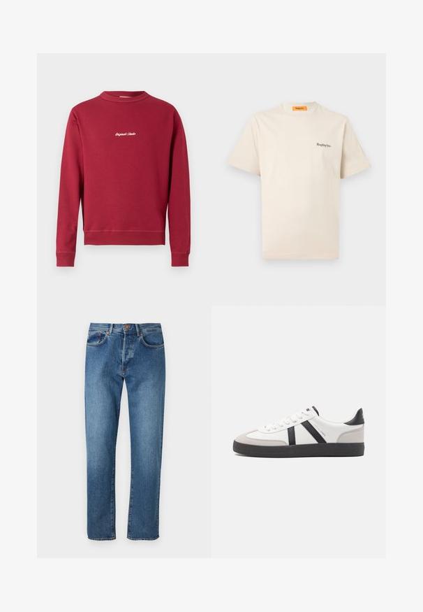 Burgundia puuvillasegusest kangast dressipluus, millel on ümmargune kaelus, soonikust varrukad ja alumine äär. Ees on valge tikandiga tekst "Original Studio".; Replay Inc. ESSENTIAL LOGO UNISEX - Lihtne T-särk - ivory; Heledad sinine teksarihm, sirge jala disain, viis taskut, nupuga kinnitamine ja õrn fade'e ees.; Valged tossud mustade ja hallide aktsentidega, tekstureeritud halli varbakattega, musta kummitald ja lamedad valged paelad. Puhtad jooned, minimalistlik stiil.