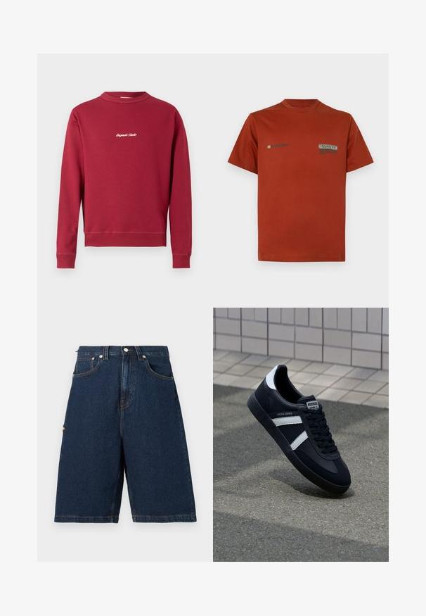 Bordeaux sweatshirt lavet af en bomuldsblanding med rund hals, ribbede manschetter og nederste kant. Har hvidt broderet tekst "Original Studio" på forsiden.; Rustfarvet T-shirt med korte ærmer og rund halsudskæring med små sorte og beige tekstlogoer på øverste del af brystet, ensfarvet baggrund.; Mørkeblå denimshorts i løs pasform med to frontlommer og en enkelt baglomme, afsluttet med orange syninger.; Sort lædersneaker med hvide striber, tekstureret gummisål og snørrebånd foran. Har et brandet mærke på tungen.