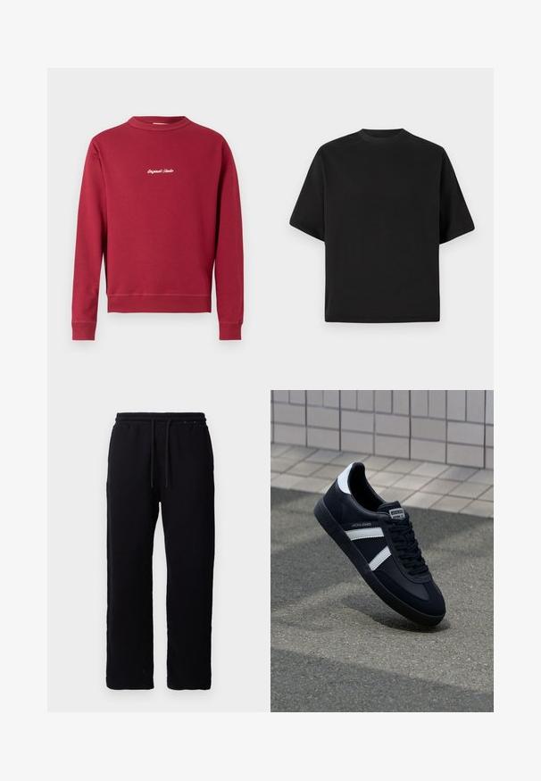 Bordeaux sweatshirt lavet af en bomuldsblanding med rund hals, ribbede manschetter og nederste kant. Har hvidt broderet tekst "Original Studio" på forsiden.; Sort T-shirt med kortærmer i løs pasform, lavet af glat bomuld, med rund halsudskæring og minimalistisk design.; Sorte sweatpants lavet af bomuld, med elastisk talje og snore, lige ben design, og uden synlige mønstre eller detaljer.; Sort lædersneaker med hvide striber, tekstureret gummisål og snørrebånd foran. Har et brandet mærke på tungen.