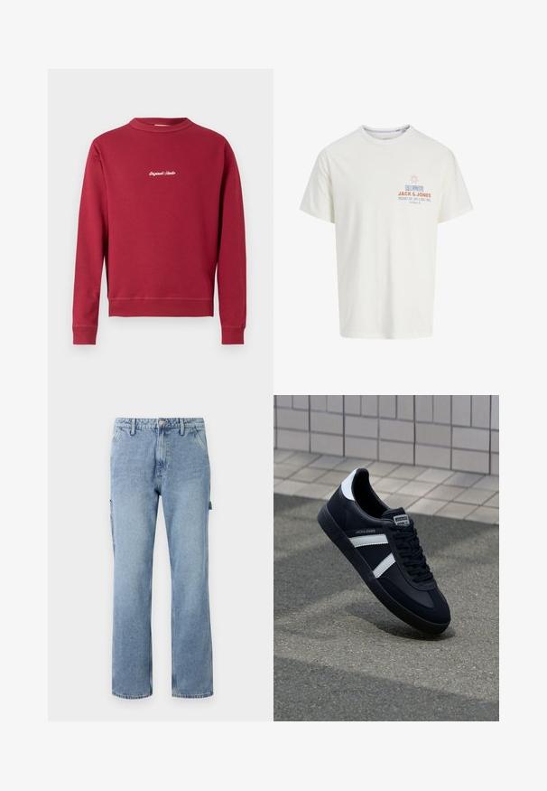 Burgunderfarbener Sweatshirt aus Baumwollmischung mit Rundhalsausschnitt, gerippten Bündchen und Saum. Auf der Vorderseite befindet sich der weiße gestickte Text "Original Studio".; Weißes T-Shirt mit kurzen Ärmeln, kleinem Sonnengrafik und Text "Jack & Jones," "Big Wave Lines," und "Sun, Surf & Good Times" auf der Brust.; Hellblaue Denim-Cargo-Hosen mit geraden Beinen, fünf Taschen und einem Knopfverschluss. Mit Seitentaschen und einem lässigen, lockeren Schnitt ausgestattet.; Schwarze Leder-Sneaker mit weißen Streifen, strukturiertem Gummisohle und Schnürung. Verfügt über ein Markenetikett auf der Zunge.