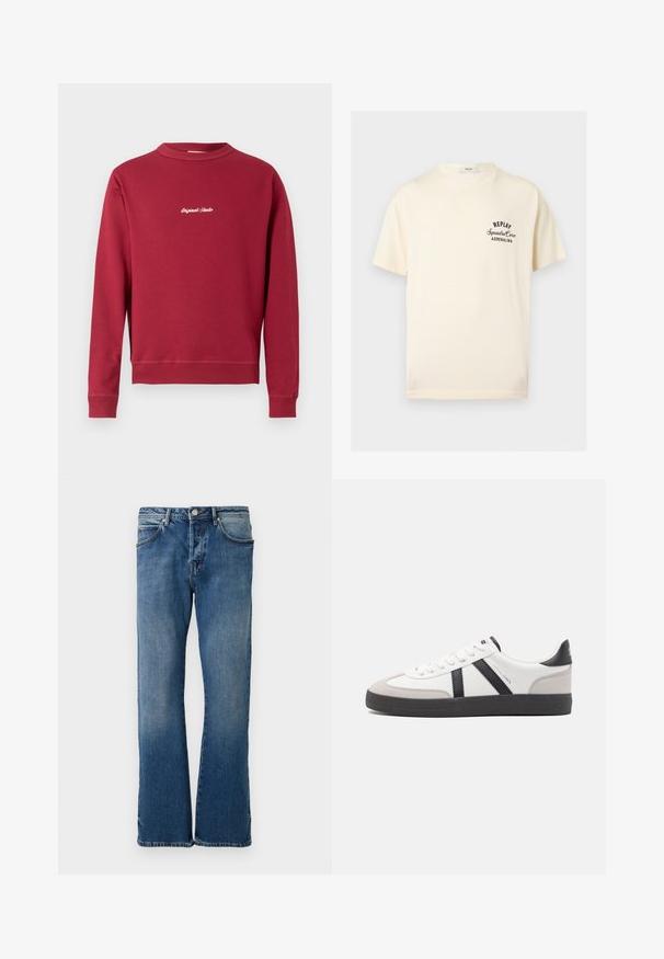 Burgunderfarbener Sweatshirt aus Baumwollmischung mit Rundhalsausschnitt, gerippten Bündchen und Saum. Auf der Vorderseite befindet sich der weiße gestickte Text "Original Studio".; Cremefarbenes T-Shirt mit kurzen Ärmeln und schwarzem Text „REPLAY Squadra Corse ADRENALINA“ auf der linken Brustseite und rundem Ausschnitt.; Helle blaue Jeans aus Denim mit geradem Bein, ausgestattet mit fünf Taschen, einem Knopfverschluss und subtilen Ausbleichungen auf dem Stoff.; Weiße Sneaker mit schwarz- und grau-aczenten, ausgestattet mit einer strukturierten grauen Zehenkappe, schwarzer Gummi-Sohle und flachen weißen Schnürsenkeln. Sauberes Design, minimalistische Stil.