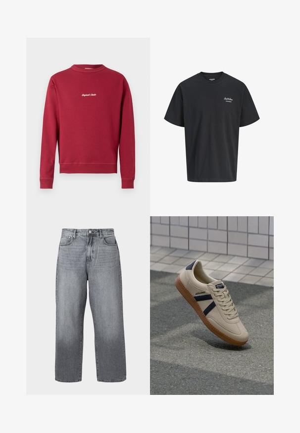 Bordeaux sweatvest van een katoenmix met een ronde hals, ribgebreide manchetten en onderrand. Voorzien van witte geborduurde tekst "Original Studio" op de voorkant.; Zwart T-shirt met korte mouwen, ronde hals en klein wit "Jack & Jones Archive Selection"-logo op de linkerborst.; Grijze denim wijde pijpen jeans met een hoge taille, vijf zakken en metalen sluiting. De stof vert toont lichte vervaging bij de zoom.; Beige sneaker met een textuurafwerking, marineblauwe strepen en een rubberen zool. Heeft een gevoerde tong en een traditioneel vetersysteem voor een veilige pasvorm.