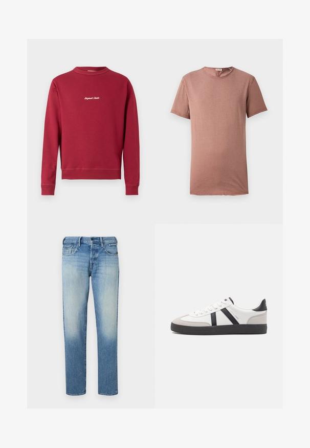 Sudadera burdeos de mezcla de algodón con cuello redondo, puños y bajo acanalados. Cuenta con texto bordado en blanco "Original Studio" en la parte delantera.; Camiseta de manga corta y cuello redondo en rosa polvo. Tejido suave con detalles mínimos y corte recto, adecuada para el uso diario.; Vaqueros de mezclilla azul claro con acabado desgastado, piernas de corte recto, cinco bolsillos y cierre de botón. Detalles de costura y etiqueta de la marca en la parte trasera.; Zapatilla blanca con acentos en negro y gris, que presenta una puntera texturizada en gris, suela de goma negra y cordones planos blancos. Diseño limpio, estilo minimalista.