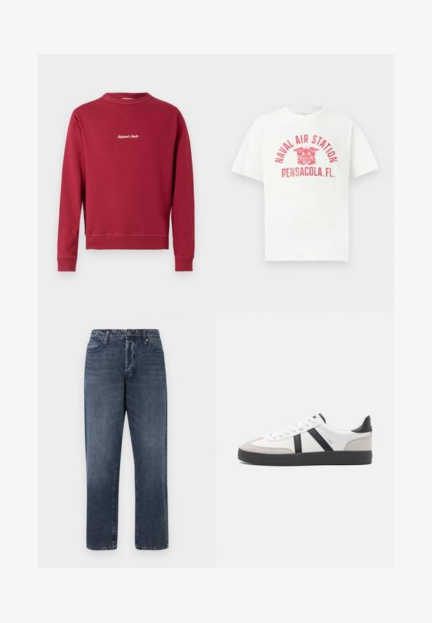 Bordeaux sweatvest van een katoenmix met een ronde hals, ribgebreide manchetten en onderrand. Voorzien van witte geborduurde tekst "Original Studio" op de voorkant.; Witte T-shirt met korte mouwen en rode tekst "NAVAL AIR STATION PENSACOLA, FL." en een adelaar-embleem in het midden van de voorkant.; Jack & Jones Loose-fit JJIEDDIE JJORIGINAL SQ 227 - Baggy jeans - blue denim; Witte sneaker met zwarte en grijze accenten, voorzien van een grijze neus met textuur, zwarte rubberen zool en platte witte veters. Schoon ontwerp, minimalistische stijl.