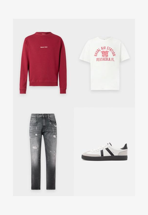 Bordeaux sweatshirt lavet af en bomuldsblanding med rund hals, ribbede manschetter og nederste kant. Har hvidt broderet tekst "Original Studio" på forsiden.; Hvid T-shirt med korte ærmer med rød tekst "NAVAL AIR STATION PENSACOLA, FL." og et ørneemblem i midten foran.; Falmede sorte denimjeans med slidte lapper. Har fem lommer, en knaplukning og en lige ben-design.; Hvide sneakers med sorte og grå detaljer, med en tekstureret grå tåhætte, sort gummisål og flade hvide snørebånd. Rent design, minimalistisk stil.