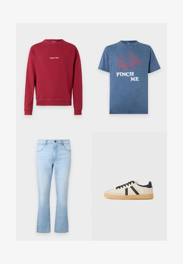 Sudadera burdeos de mezcla de algodón con cuello redondo, puños y bajo acanalados. Cuenta con texto bordado en blanco "Original Studio" en la parte delantera.; Camiseta de algodón azul con un gráfico de cangrejo rojo y el texto "PINCH ME", con un corte relajado y diseño de cuello redondo.; Vaqueros acampanados de color azul claro, confeccionados en denim, con cinco bolsillos, cierre de botón y cremallera, y costuras en contraste. Presentan un lavado ligeramente desvanecido.; Zapatillas casuales en crema con rayas negras, con parte superior texturizada y suela de goma. Los cordones son negros. Logo sutil en el costado.