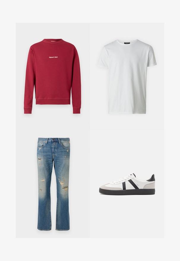 Burgunderfarbener Sweatshirt aus Baumwollmischung mit Rundhalsausschnitt, gerippten Bündchen und Saum. Auf der Vorderseite befindet sich der weiße gestickte Text "Original Studio".; Weißes T-Shirt mit kurzen Ärmeln und Rundhalsausschnitt aus Baumwolle mit glatter Textur. Verfügt über ein Etikett am Kragen. Einfaches, schlichtes Design.; Hellblaue Denim-Jeans mit einer lockeren Passform, die verwaschene Details und fransige Patches aufweisen, mit dem klassischen Fünf-Taschen-Design und einem Knopfverschluss.; Weiße Sneaker mit schwarz- und grau-aczenten, ausgestattet mit einer strukturierten grauen Zehenkappe, schwarzer Gummi-Sohle und flachen weißen Schnürsenkeln. Sauberes Design, minimalistische Stil.