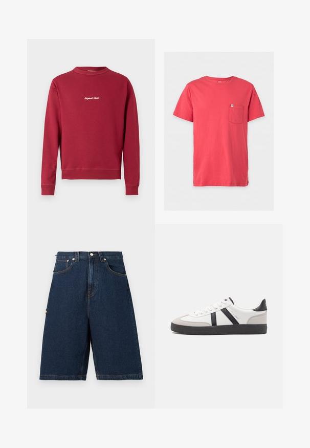 Burgunderfarbener Sweatshirt aus Baumwollmischung mit Rundhalsausschnitt, gerippten Bündchen und Saum. Auf der Vorderseite befindet sich der weiße gestickte Text "Original Studio".; Schlichtes rotes T-Shirt mit kurzen Ärmeln und einer kleinen Brusttasche auf der linken Seite, mit einem GAP-Logoetikett an der Tasche.; Dunkelblaue Denim-Shorts mit lockerer Passform, ausgestattet mit zwei vorderen Taschen und einer einzelnen Gesäßtasche, abgerundet mit orangefarbenen Nähakzenten.; Weiße Sneaker mit schwarz- und grau-aczenten, ausgestattet mit einer strukturierten grauen Zehenkappe, schwarzer Gummi-Sohle und flachen weißen Schnürsenkeln. Sauberes Design, minimalistische Stil.