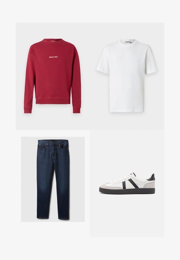 Burgunderfarbener Sweatshirt aus Baumwollmischung mit Rundhalsausschnitt, gerippten Bündchen und Saum. Auf der Vorderseite befindet sich der weiße gestickte Text "Original Studio".; Weißes, kurzärmeliges T-Shirt mit Waffelstrick und Rundhalsausschnitt, mit kleinem Markenetikett im Kragen, auf einfarbigem Hintergrund präsentiert.; Dunkelblaue Slim-Fit-Jeans aus Denim mit leichtem Verblassen an den vorderen Oberschenkeln, Kupferriegeln und klassischem Fünf-Taschen-Stil, flach auf weißem Hintergrund ausgelegt.; Weiße Sneaker mit schwarz- und grau-aczenten, ausgestattet mit einer strukturierten grauen Zehenkappe, schwarzer Gummi-Sohle und flachen weißen Schnürsenkeln. Sauberes Design, minimalistische Stil.