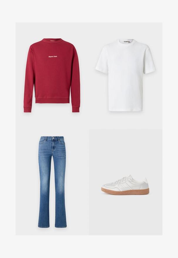 Sweatshirt bordeaux en mélange de coton avec un col rond, des poignets et un ourlet côtelés. Présente un texte brodé blanc "Original Studio" sur le devant.; T-shirt blanc à manches courtes en maille gaufrée avec col rond, petite étiquette de marque à l'intérieur du col, présenté sur un fond uni.; ONLY ONLWAUW MID WAIST - Jean slim - medium blue denim; Baskets argentées avec une texture lisse, un design à lacets, des accents perforés et une semelle en caoutchouc marron texturé.