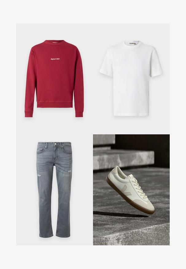 Bordeaux sweatshirt lavet af en bomuldsblanding med rund hals, ribbede manschetter og nederste kant. Har hvidt broderet tekst "Original Studio" på forsiden.; Hvid kortærmet t-shirt i vaffelmønster med rund hals og et lille mærke med brandnavn inde i kraven, vist på en ensfarvet baggrund.; Grå denim jeans med rett ben design, let slid ved knæene og traditionel fem-lomme stil. Knaplukning i taljen.; Hvide læder sneakers med tanfarvet gummisål, flade snørebånd og V-formet detalje på siden. Har en glat overflade og minimale syninger.
