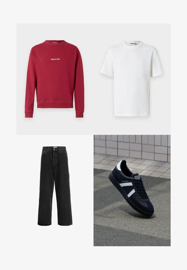 Bordeaux sweatvest van een katoenmix met een ronde hals, ribgebreide manchetten en onderrand. Voorzien van witte geborduurde tekst "Original Studio" op de voorkant.; Wit T-shirt met korte mouwen, wafelstructuur en ronde hals, met een klein merkembleem aan de binnenkant van de kraag, afgebeeld op een effen achtergrond.; Zwarte wijde jeans gemaakt van denim stof. Heeft een hoge taille, twee voorklepjes, een knoopsluiting en subtiele stikseldetails.; Zwarte leren sneaker met witte strepen, een gestructureerde rubberen zool en vetersluiting aan de voorkant. Voorzien van een merklabel op de tong.