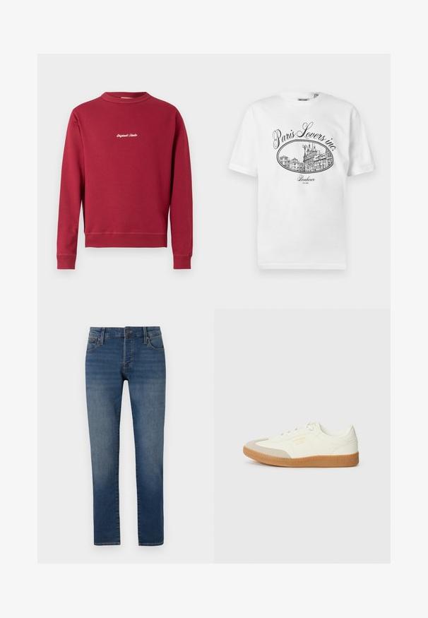 Bordeaux sweatvest van een katoenmix met een ronde hals, ribgebreide manchetten en onderrand. Voorzien van witte geborduurde tekst "Original Studio" op de voorkant.; Witte katoenen T-shirt met een zwarte illustratieve print van een Parijs stadsgezicht en de tekst "Paris Lovers inc." en "Bonheur EST.1992."; Slim-fit blauwe jeans met lichte vervaging op de bovenbenen, vijf-pocket ontwerp, knoopsluiting en rechte pijp op een witte achtergrond.; Schoen gemaakt van wit leer met een beige teenkap en een lichtbruine rubberen zool. Voorzien van platte witte veters en reliëfbranding aan de zijkant.