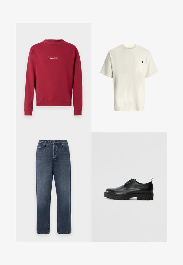 Bordeaux sweatshirt lavet af en bomuldsblanding med rund hals, ribbede manschetter og nederste kant. Har hvidt broderet tekst "Original Studio" på forsiden.; Hvid bomuld t-shirt med korte ærmer, rund hals, brystlomme foran og et lille mærke i siden. Glat tekstur og afslappet pasform.; Jack & Jones Loose-fit JJIEDDIE JJORIGINAL SQ 227 - Baggy jeans - blue denim; Sort læder sko med en rund tå, der har snørelukning, solid sort gummisål og en lille hælflap bagpå.