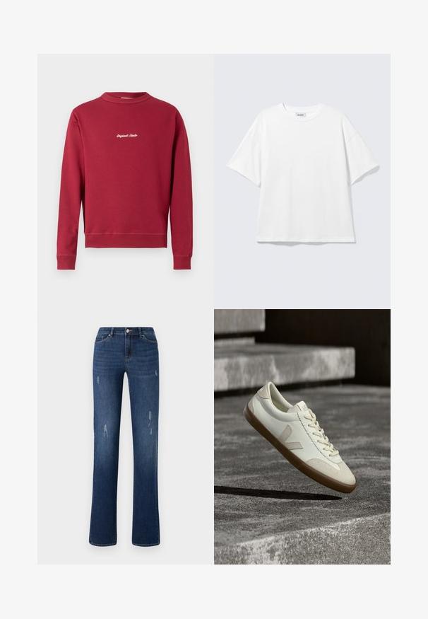 Burgunderfarbener Sweatshirt aus Baumwollmischung mit Rundhalsausschnitt, gerippten Bündchen und Saum. Auf der Vorderseite befindet sich der weiße gestickte Text "Original Studio".; Weißes oversized T-Shirt mit kurzen Ärmeln und Rundhalsausschnitt mit eingesetzten Schultern, flach auf hellgrauem Hintergrund.; ONLY ONLWAUW MID WAIST - Jeans Slim Fit - dark blue denim; Weiße Leder-Sneaker mit beige-gummiartiger Sohle, flachen Schnürsenkeln und V-förmigem Akzent an der Seite. Verfügt über eine glatte Oberfläche und minimale Nahtdetails.