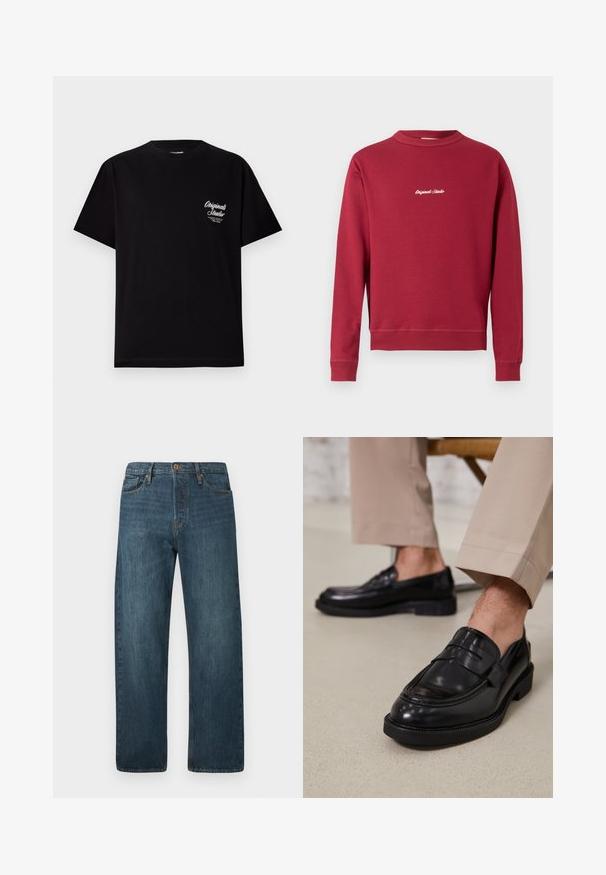 Bordeaux sweatvest van een katoenmix met een ronde hals, ribgebreide manchetten en onderrand. Voorzien van witte geborduurde tekst "Original Studio" op de voorkant.; Zwarte T-shirt met korte mouwen van katoen. Bevat een klein wit logo op de linkerkant van de borst. Rond de hals ontwerp, reguliere pasvorm.; Donkerblauwe straight-leg denim jeans met vijf zakken, knoopsluiting en riemlussen op een effen witte achtergrond.; Zwarte leren loafers met een gladde afwerking, voorzien van een decoratieve band en contrasterende stiksels, gecombineerd met beige broeken.