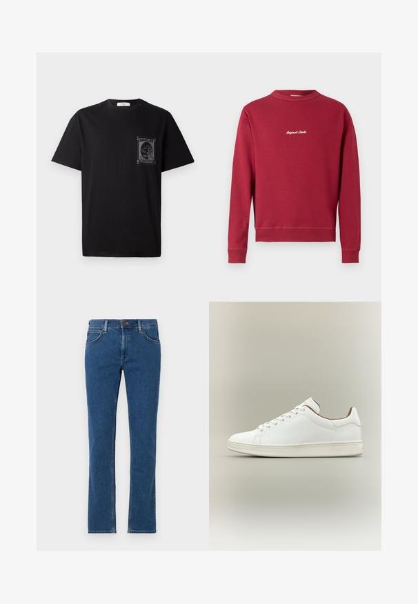 Burgunderfarbener Sweatshirt aus Baumwollmischung mit Rundhalsausschnitt, gerippten Bündchen und Saum. Auf der Vorderseite befindet sich der weiße gestickte Text "Original Studio".; Schwarz Baumwoll-T-Shirt mit kurzen Ärmeln, ausgestattet mit einem grafischen Druck auf der linken Brust und einem kleinen roten Akzent am Halsauschnitt.; Blaue Straight-Leg-Denim-Jeans mit vorderer Knopf- und Reißverschluss, Gürtelschlaufen und Fünf-Taschen-Design auf weißem Hintergrund.; Weißer Sneaker mit niedrigem Schaft, Schnürverschluss, glattem Lederoberteil und hellbeiger Sohle vor neutralem Hintergrund.