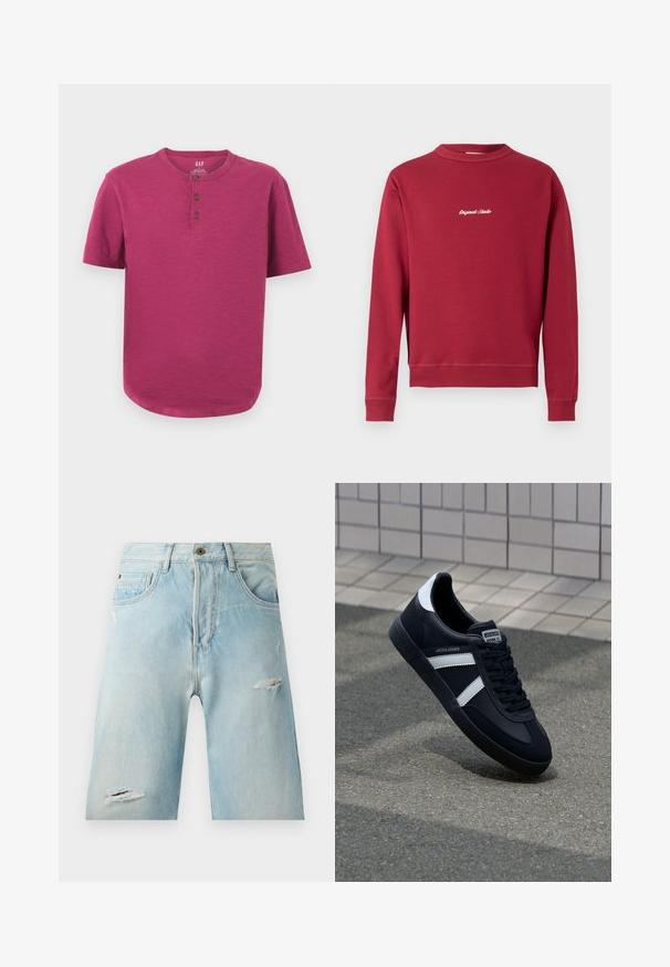 Sudadera burdeos de mezcla de algodón con cuello redondo, puños y bajo acanalados. Cuenta con texto bordado en blanco "Original Studio" en la parte delantera.; Camiseta henley de manga corta en un vibrante color magenta. Presenta un cuello redondo, tapeta de tres botones y un dobladillo ligeramente curvado. Textura suave.; Pantalones cortos de mezclilla azul claro con un corte relajado, que presentan detalles desgastados, bolsillos laterales y un solo cierre con botón en la parte superior.; Zapatilla de cuero negra con rayas blancas, suela de goma texturizada y parte frontal con cordones. Cuenta con una etiqueta de marca en la lengüeta.