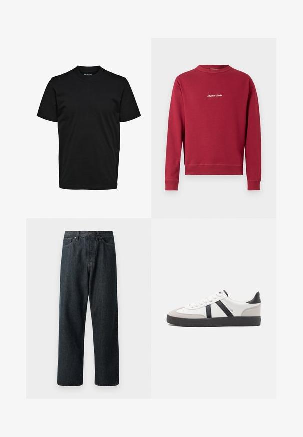 Bordeaux sweatvest van een katoenmix met een ronde hals, ribgebreide manchetten en onderrand. Voorzien van witte geborduurde tekst "Original Studio" op de voorkant.; Eenvoudig zwart T-shirt met korte mouwen, ronde hals en een normaal model zonder zichtbare patronen of logo's.; Donkerdenim jeans met een rechte pijp, voorzien van een traditionele vijf-pocket indeling en een metalen knoopsluiting bij de taille.; Witte sneaker met zwarte en grijze accenten, voorzien van een grijze neus met textuur, zwarte rubberen zool en platte witte veters. Schoon ontwerp, minimalistische stijl.