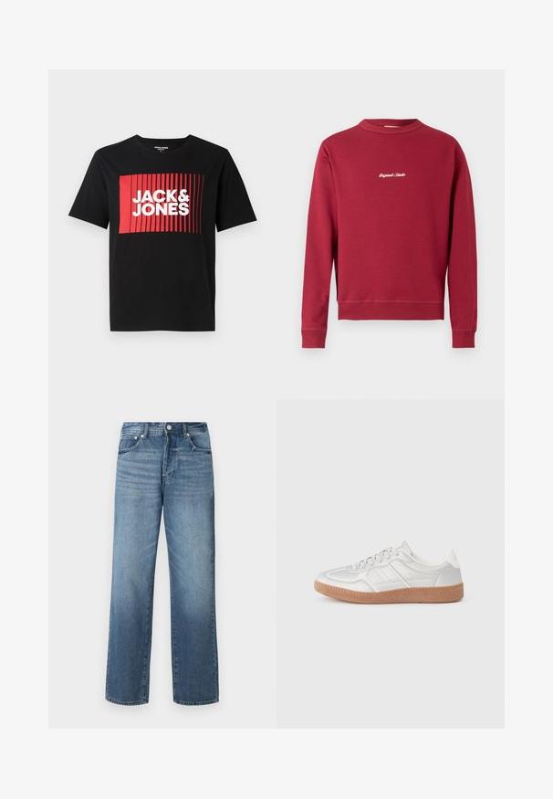 Burgunderfarbener Sweatshirt aus Baumwollmischung mit Rundhalsausschnitt, gerippten Bündchen und Saum. Auf der Vorderseite befindet sich der weiße gestickte Text "Original Studio".; Schwarzes T-Shirt mit kurzen Ärmeln, das ein rotes rechteckiges grafisches Design mit vertikalen Linien und dem Text "JACK & JONES" in Weiß zeigt.; Blaue Denim-Jeans mit geradem Bein, ausgestattet mit einer verwaschenen Optik, Gürtelschlaufen, fünf Taschen und einem klassischen Knopfverschluss.; Silberne Sneakers mit glatter Textur, Schnürdesign, durchbrochenen Akzenten und einer strukturierten braunen Gummisohle.