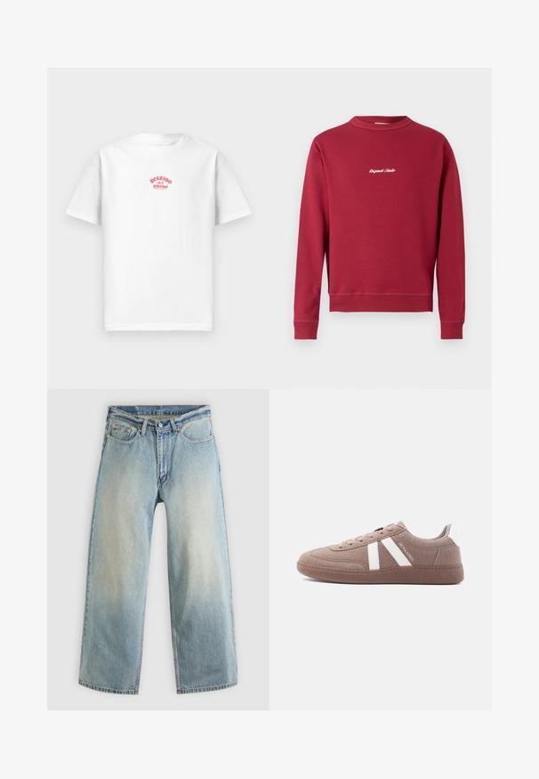 Burgunderfarbener Sweatshirt aus Baumwollmischung mit Rundhalsausschnitt, gerippten Bündchen und Saum. Auf der Vorderseite befindet sich der weiße gestickte Text "Original Studio".; Weißes Baumwoll-T-Shirt mit rotem Druckdesign, das "Perdido en el paraíso" über die Brust liest, mit kurzen Ärmeln und lockerer Passform.; Hellblaue, weit geschnittene Jeans aus Denim mit verblasstem Finish. Verfügen über ein standardmäßiges Design mit fünf Taschen und Metallknopfverschluss.; Lässiger brauner Wildleder-Sneaker mit weißen Streifen, Schnürverschluss, strukturierter Sohle und "JACK & JONES"-Markenlogo an der Seite.