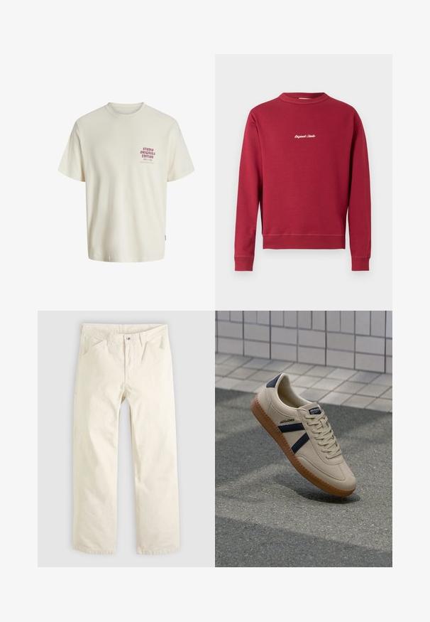 Bordeaux sweatshirt lavet af en bomuldsblanding med rund hals, ribbede manschetter og nederste kant. Har hvidt broderet tekst "Original Studio" på forsiden.; Hvid kortermet T-shirt med rød tekst "Studio Originals Edition" på venstre bryst, vist på en neutral grå baggrund.; Lysebeige bomuldsbukser med en afslappet pasform, lige ben og forlommer. Har en knaplukning og et enkelt, rent design.; Beige sneaker med struktureret overflade, marineblå striber og gummisål. Har en polstret tunge og traditionelt snørresystem for en sikker pasform.