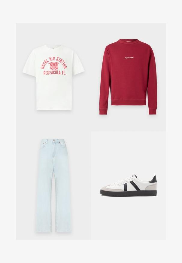 Bordeaux sweatshirt lavet af en bomuldsblanding med rund hals, ribbede manschetter og nederste kant. Har hvidt broderet tekst "Original Studio" på forsiden.; Hvid T-shirt med korte ærmer med rød tekst "NAVAL AIR STATION PENSACOLA, FL." og et ørneemblem i midten foran.; Lyseblå denimjeans med lige ben, fem lommer, knaplukning og minimale syninger.; Hvide sneakers med sorte og grå detaljer, med en tekstureret grå tåhætte, sort gummisål og flade hvide snørebånd. Rent design, minimalistisk stil.