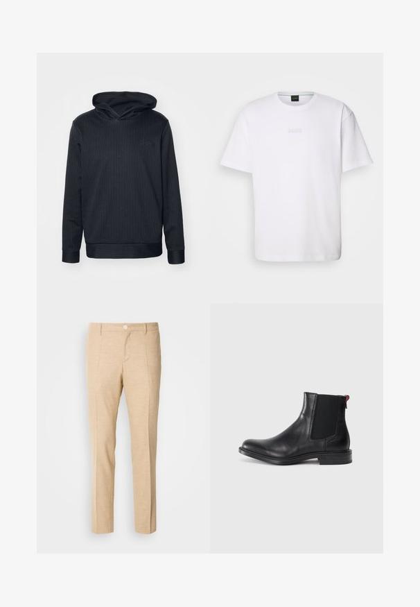 Sort hættetrøje med lodrette striber, lange ærmer og ribstrikkede mansjetter. Har et logo i en diskret tone på forsiden. Blød tekstur.; Hvid bomulds T-shirt med korte ærmer, rund halsudskæring og præget "BOSS" logo på brystet. Glat tekstur, standard pasform.; Beige skræddersyede bukser med en struktureret stof, lige ben-design, frontklapper og en enkelt knaplukning i taljen.; Sort læder Chelsea-støvle med elastiske sidepaneler, afrundet tå og lav, stablet hæl. Har en rød løftestrop og subtil branding på siden.