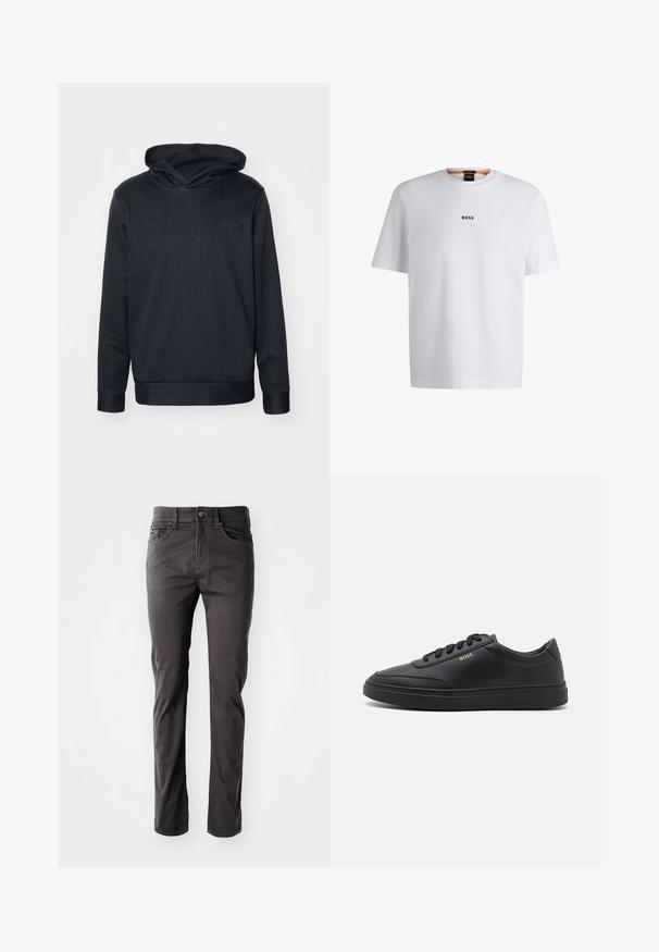 Sort hættetrøje med lodrette striber, lange ærmer og ribstrikkede mansjetter. Har et logo i en diskret tone på forsiden. Blød tekstur.; Hvid bomuld T-shirt med korte ærmer, med et sort "BOSS" logo centreret på brystet og en rund halsudskæring.; Mørkegrå, lige ben bukser lavet af bomuldsblandingsstof. Har en knap- og lynlåslukning samt fem lommer med subtile stikninger.; Sorte lædersneakers med en glat overflade, rund tå, flad gummisål og tonede snørebånd. Udstyret med guld "BOSS" branding på siden.
