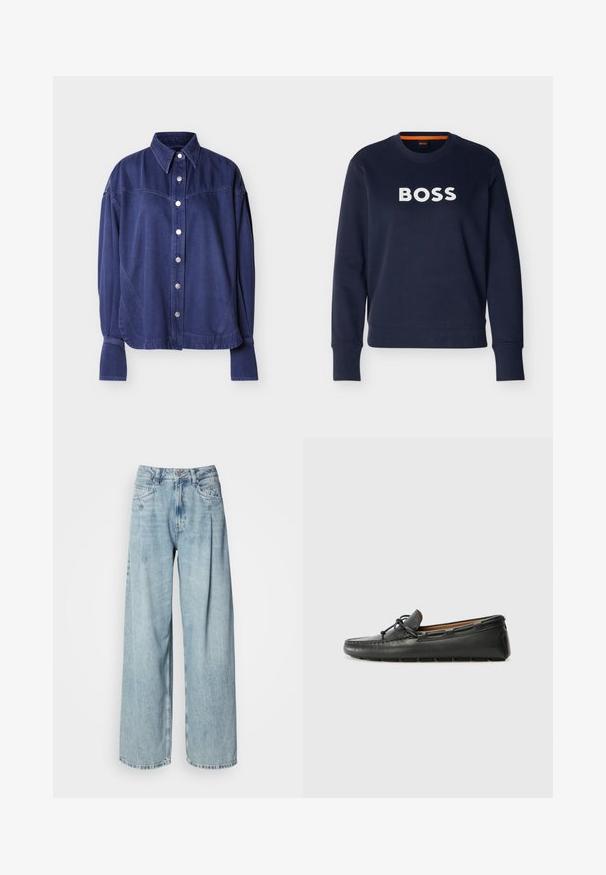 Sweat-shirt bleu marine à manches longues et col rond, avec le texte blanc audacieux "BOSS" centré sur la poitrine.; Chemise en denim bleu avec boutonnière à l'avant, col à revers et coutures d'épaule discrètes. Le tissu présente une texture lisse avec un design décontracté.; Jeans larges taille haute bleu clair avec poches avant, fermeture à boutons et passants de ceinture, sur un fond blanc uni.; Bateau en cuir noir avec un bout arrondi, des détails de couture, un petit accent en nœud et une semelle en caoutchouc. Texture lisse et design épuré.