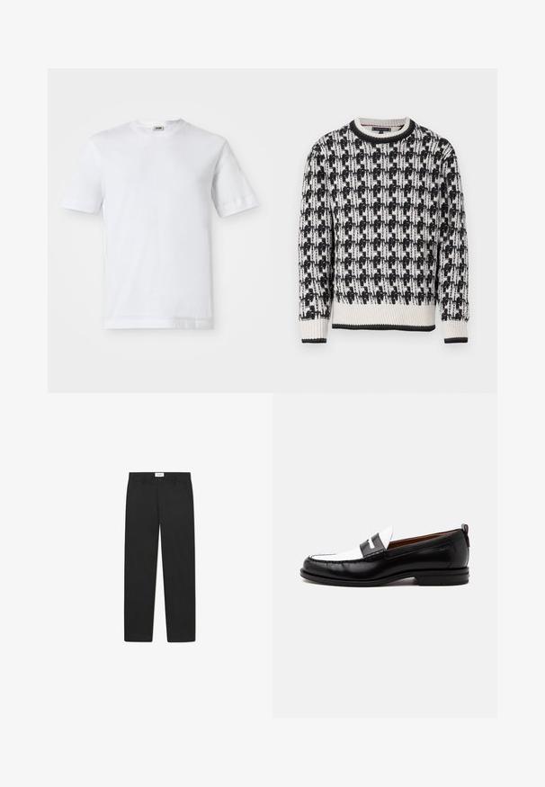 Pull en tricot avec un motif géométrique noir et blanc, col rond, et bord-côtes aux poignets et à l'ourlet, dans une texture douce.; T-shirt en coton blanc à manches courtes, col rond et texture lisse. Aucun motif ni accent visible.; Pantalons noirs avec une coupe droite, fabriqués dans un tissu à texture lisse, dotés de deux poches avant et d'une taille standard.; Mocassin en cuir noir et blanc avec des détails cousus, un petit talon et un design slip-on, présenté de profil sur un fond uni.