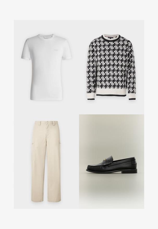 Pull en tricot avec un motif géométrique noir et blanc, col rond, et bord-côtes aux poignets et à l'ourlet, dans une texture douce.; T-shirt blanc à manches courtes et col rond avec petit logo GUESS embossé sur le côté gauche de la poitrine, présenté sur un fond clair uni.; Pantalon cargo beige à jambes larges avec poches latérales, passants pour ceinture et fermeture à boutons sur le devant.; Mocassin noir en cuir à enfiler avec petit talon, boucle dorée et nom de marque embossé sur le côté sur fond neutre.