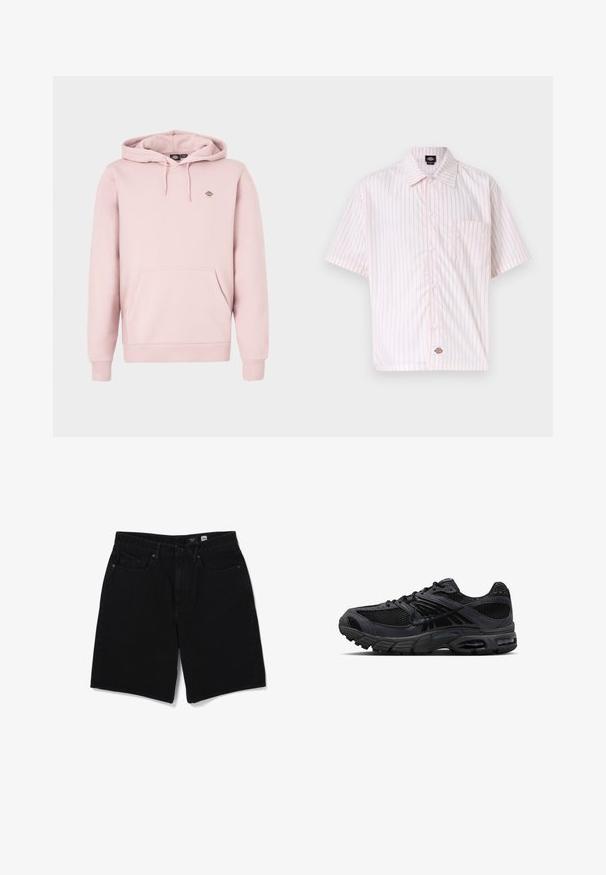 Sweat à capuche rose clair avec une poche à l'avant, une capuche à cordon réglable et un petit logo sur la poitrine. Confectionné en tissu doux avec des poignets côtelés.; Chemise à manches courtes à boutons avec des rayures verticales rose pâle, une poche frontale sur la gauche et un col, présentée sur un fond blanc.; Short en jean noir avec boutons et fermeture éclair à l'avant, passants pour ceinture et cinq poches, présenté sur fond blanc.; Chaussure de course Nike noire et gris foncé avec tissu en mesh, empiècements en daim, semelle amortie et unités d'air visibles au talon et à l'avant-pied.