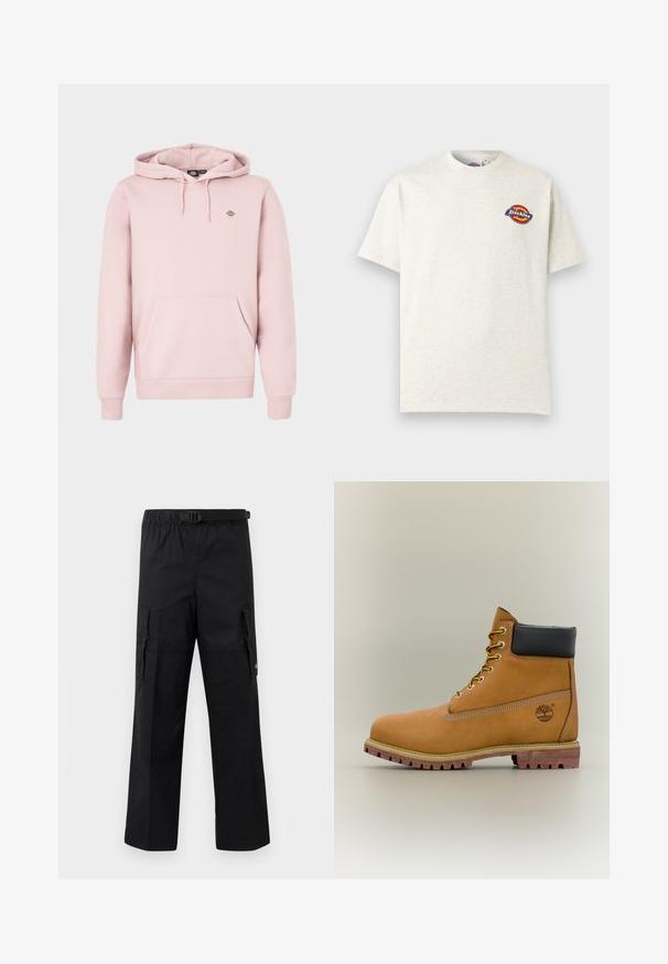 Lyserød hættetrøje med frontlomme, justerbar snørre i hætten og et lille logo på brystet. Fremstillet af blødt stof med ribstrikkede manchetter.; Off-white kortærmet T-shirt med en lille rund rød, gul og blå Dickies-logo på venstre bryst.; Sorte cargo-bukser med bred ben-design, justerbar talje med spænde og to sidelommer til opbevaring. Letvægtsstof.; Brun læderankelstøvle med sort krave, gule snørebånd og tanfarvet sål. Har logo og hvide syninger som detalje. Robust ydersål med greb.