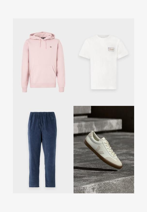 Hellrosa Hoodie mit Fronttasche, verstellbarer Kapuze mit Kordelzug und einem kleinen Logo auf der Brust. Hergestellt aus weichem Stoff mit gerippten Bündchen.; Weißes Baumwoll-T-Shirt mit kurzen Ärmeln, das auf der linken Brust eine kleine rechteckige Logo-Patch mit buntem Text und Rand aufweist.; Marineblaue Hose mit weicher Textur, elastischem Bund und geradem Bein. Keine Taschen. Der Stoff sieht leicht aufgeraut aus.; Weiße Leder-Sneaker mit beige-gummiartiger Sohle, flachen Schnürsenkeln und V-förmigem Akzent an der Seite. Verfügt über eine glatte Oberfläche und minimale Nahtdetails.