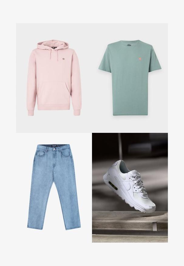Lyserød hættetrøje med frontlomme, justerbar snørre i hætten og et lille logo på brystet. Fremstillet af blødt stof med ribstrikkede manchetter.; Enkelt, afdæmpet grøn T-shirt med korte ærmer og rund hals, med lille flerfarvet Dickies-logo på venstre bryst.; Lyseblå denimjeans med lige pasform, fem lommer og et mærket bæltet. Stoffet har en let slidt tekstur.; Hvide Nike Air Max 90 sneakers med en overdel i mesh og læder, perforeret tåboks og en synlig luftenhed i hælen.