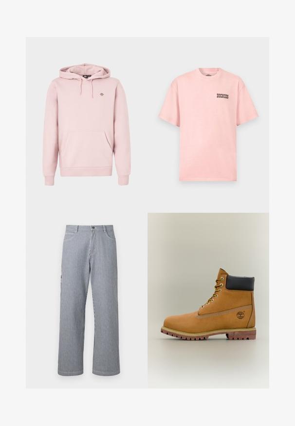 Sweat à capuche rose clair avec une poche à l'avant, une capuche à cordon réglable et un petit logo sur la poitrine. Confectionné en tissu doux avec des poignets côtelés.; T-shirt rose clair à manches courtes avec col rond et petit logo noir "Dickies" sur le côté gauche de la poitrine.; Pantalon à jambe droite à rayures verticales grises et blanches, avec poches avant et taille à fermeture boutonnée.; Bottine en cuir marron avec col noir, lacets jaunes et semelle beige. Présente un logo et des détails de couture blanche. Semelle extérieure à traction robuste.