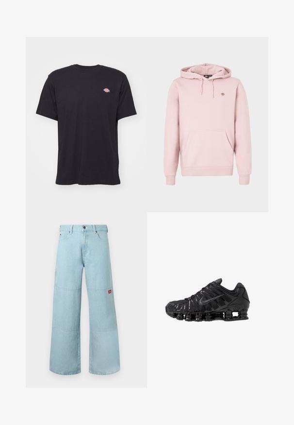 Lyserød hættetrøje med frontlomme, justerbar snørre i hætten og et lille logo på brystet. Fremstillet af blødt stof med ribstrikkede manchetter.; Sort kortærmet t-shirt med rund hals og et lille farverigt Dickies-logo på venstre bryst mod en ensfarvet baggrund.; Lyseblå vidde jeans i denim med kontrastpatches. Har en frontknaplukning og en lille logopatch på sidelommen.; Sorte atletikskoser lavet af mesh og syntetiske materialer, med et karakteristisk bølget design, sort gummisål og reflekterende detaljer.