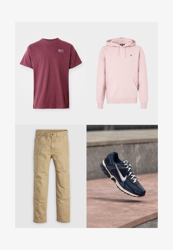 Lichtroze hoodie met een voorzak, verstelbare capuchon met trekkoord en een klein logo op de borst. Gemaakt van zachte stof met geribbelde boorden.; Bordeaux kortemouwen T-shirt met ronde hals en een klein wit Nike swoosh-logo binnen een afgeronde rechthoek op de linkerborst.; Khaki werkkledingbroek van stevig katoen, met een rechte pijp, verstevigde knieën en meerdere voorzakken.; Marineblauwe sportschoen met een gestructureerde bovenkant, zilveren Nike swoosh, mesh accenten en eengeveerde zool. Beschikt over standaard veters en een rubberen buitenzool.