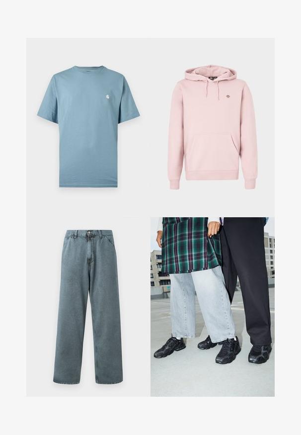 Lichtroze hoodie met een voorzak, verstelbare capuchon met trekkoord en een klein logo op de borst. Gemaakt van zachte stof met geribbelde boorden.; Lichtblauw T-shirt met korte mouwen en ronde hals, met een klein wit logo op de linkerborst, weergegeven tegen een effen achtergrond.; Lichtblauwe spijkerbroek met een rechte pasvorm, voorzien van een klassieke knoopsluiting en vijf zakken. Zachte textuur en minimale stikseldetails.; Zwarte sportieve schoenen met mesh- en rubberaccenten. Draagt een lichtgrijze wijde spijkerbroek en een groen geruit shirt. Effen achtergrond.