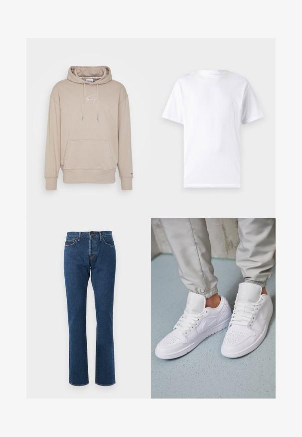 Beige hoodie lavet af blødt stof, med en frontlomme, snoretræk i hætten og hvid logo-stikning på brystet.; Hvid kortærmet t-shirt lavet af bomuld med rund hals, der har en glat tekstur og et simpelt design uden mønstre eller accenter.; Straight-leg blå denimjeans med fem lommer, knaplukning og synlige syninger på en neutral baggrund.; Hvide lædersneakers har en perforeret tåboks, flade snørebånd, polstret krave og Jordan-logoet på tungen. Båret med grå joggers.