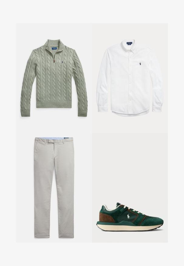 Suéter de punto grueso color verde claro con cuello con cremallera, puños y dobladillo acanalados. Presenta un pequeño logo en azul marino en el pecho.; Camisa blanca de manga larga con cierre de botones, cuello abotonado y pequeño logo oscuro de Polo Ralph Lauren en el pecho izquierdo.; Pantalones chinos gris claro hechos de tejido de algodón suave, con un diseño clásico, piernas rectas, bolsillos laterales y un acabado limpio en los dobladillos.; Zapatillas de hombre en ante verde oscuro y marrón, con paneles de malla, cordones blancos y suela de goma. Presenta un logo en el lateral.