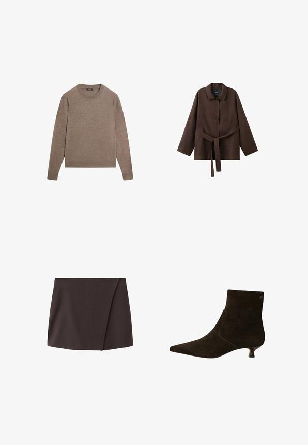 Pull à manches longues col rond en maille marron clair avec bords-côtes aux poignets et à l'ourlet, présenté sur un fond blanc uni.; Veste marron foncé à manches longues avec col, deux boutons et une ceinture assortie en tissu nouée à la taille.; Mini-jupe asymétrique marron foncé avec un léger chevauchement à l'avant, fabriquée à partir d'un tissu lisse.; Bottines en daim marron avec un nez pointu, un petit Talon de type kitten, et un détail élastique sur le côté pour un ajustement parfait. Design simple sans ornementation supplémentaire.