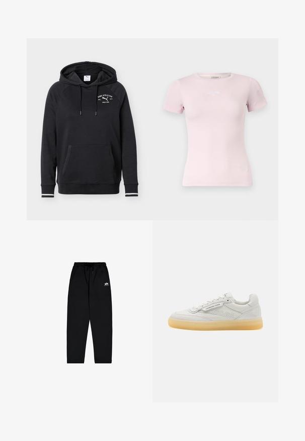 Must Puma dressipluus esiküljel kängurutasku, nööriga kapuuts, valge logo ja tekst "Puma Athletics Since 1948" rinnal ning valge triip varrukakäärudel.; Hele roosa, lühikeste varrukatega soonikkoes t-särk, millel on ümmargune kaelus ja väike valge logotekst rinnal keskel.; Mustad mustad püksid, mis on valmistatud pehmest kangast, elastse vöökoha, paelaga ja küljetaskutega. Tal on reitel väike valge logo.; Valge nahast kets perforatsioonidega detailide, ümmarguse varbaga ja koorivärvi kummitald. Omab toon-toonis nõelumist ja minimalistlikku disaini.