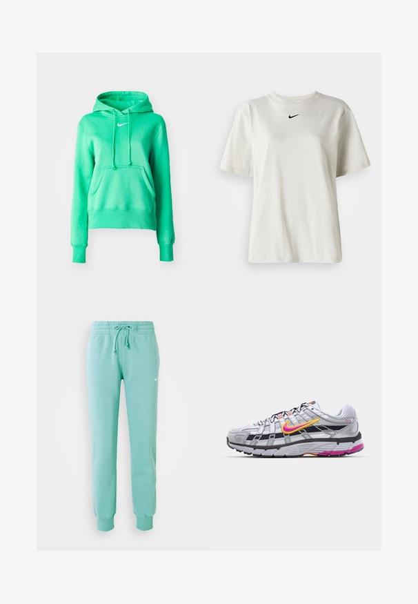 Sudadera verde de tejido suave, con un bolsillo frontal, capucha con cordones, puños acanalados y un pequeño logo blanco en el pecho.; Camiseta de algodón blanca con cuello redondo y mangas cortas. Presenta un pequeño logotipo negro de Nike en el pecho. Diseño sencillo y sin adornos.; Pantalones de chándal verde menta con cintura elástica, cordón y puños acanalados. Cuenta con un pequeño logo blanco de Nike en el muslo izquierdo.; Zapatilla de running de malla gris con un distintivo swoosh en rosa y amarillo, acentos negros y una suela de goma texturizada. Cuenta con una puntera reforzada y un collar acolchado.