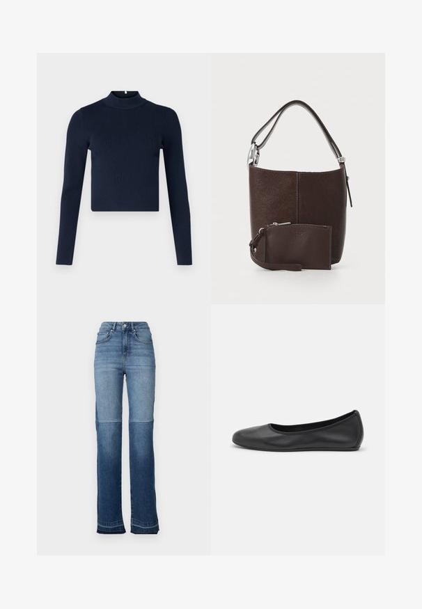 Navyblaues, geripptes Langarmoberteil mit hohem Kragen und cropped Design. Hergestellt aus strukturiertem Stoff im minimalistischen Stil.; Hochtaillierte Denim-Jeans mit einem Farbverlauf von hellblau zu dunkelblau, geradem Bein und fransigen Säumen an den Knöcheln.; Schwarze Leder-Ballettschuhe mit abgerundeter Spitze, glatter Textur, minimalen Nähdetails und einem flexiblen Sohlen-Design.; Braune Ledertasche im Eimerstil mit strukturiertem Finish, ausgestattet mit einem kürzeren Tragegurt und einer passenden Reißverschluss-Geldbörse mit Handgelenkriemen.