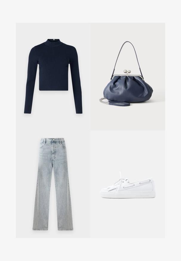 Haut à manches longues côtelé bleu marine avec un col montant et un design cropped. Fabriqué en tissu texturé avec un style minimaliste.; Jean en denim bleu clair avec taille haute, silhouette à jambes larges, design traditionnel à cinq poches et effets de décoloration subtils.; Chaussure bateau en cuir blanc avec laçage à l'avant, œillets sur les côtés, détail pompon et semelle en caoutchouc plate sur un fond clair uni.; Sac à main en cuir bleu marine doux avec fermeture à boucle argentée, une seule bandoulière, et une chaîne de poignet amovible sur fond blanc.