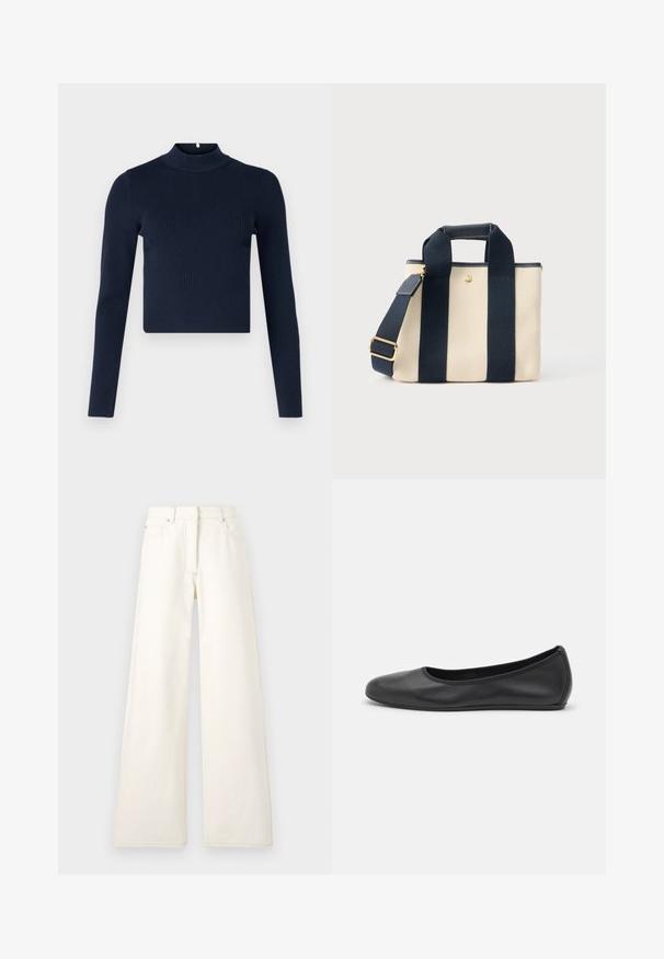 Navyblaues, geripptes Langarmoberteil mit hohem Kragen und cropped Design. Hergestellt aus strukturiertem Stoff im minimalistischen Stil.; Weite, cremefarbene Hosen aus Denim mit sichtbaren Nähten und Taschen. Das Design hat eine hohe Taille und eine gerade Silhouette.; Schwarze Leder-Ballettschuhe mit abgerundeter Spitze, glatter Textur, minimalen Nähdetails und einem flexiblen Sohlen-Design.; Kleine beige Canvas-Shopper-Tasche mit zwei breiten schwarzen vertikalen Trägern, kurzem Griff und verstellbarem Schultergurt mit goldener Schnalle.